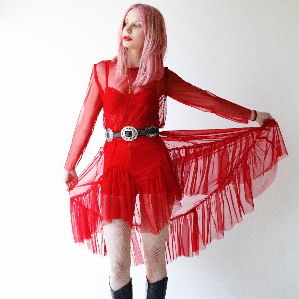 JENNIE VEE Los Angeles Red Sheer Ruffle Dress